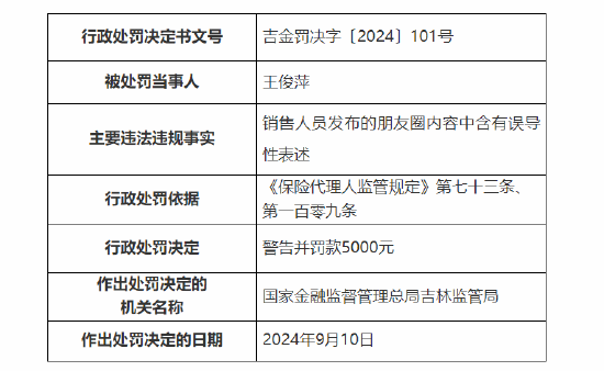 英大人寿吉林分公司被罚：因销售人员发布的朋友圈内容中含有误导性表述